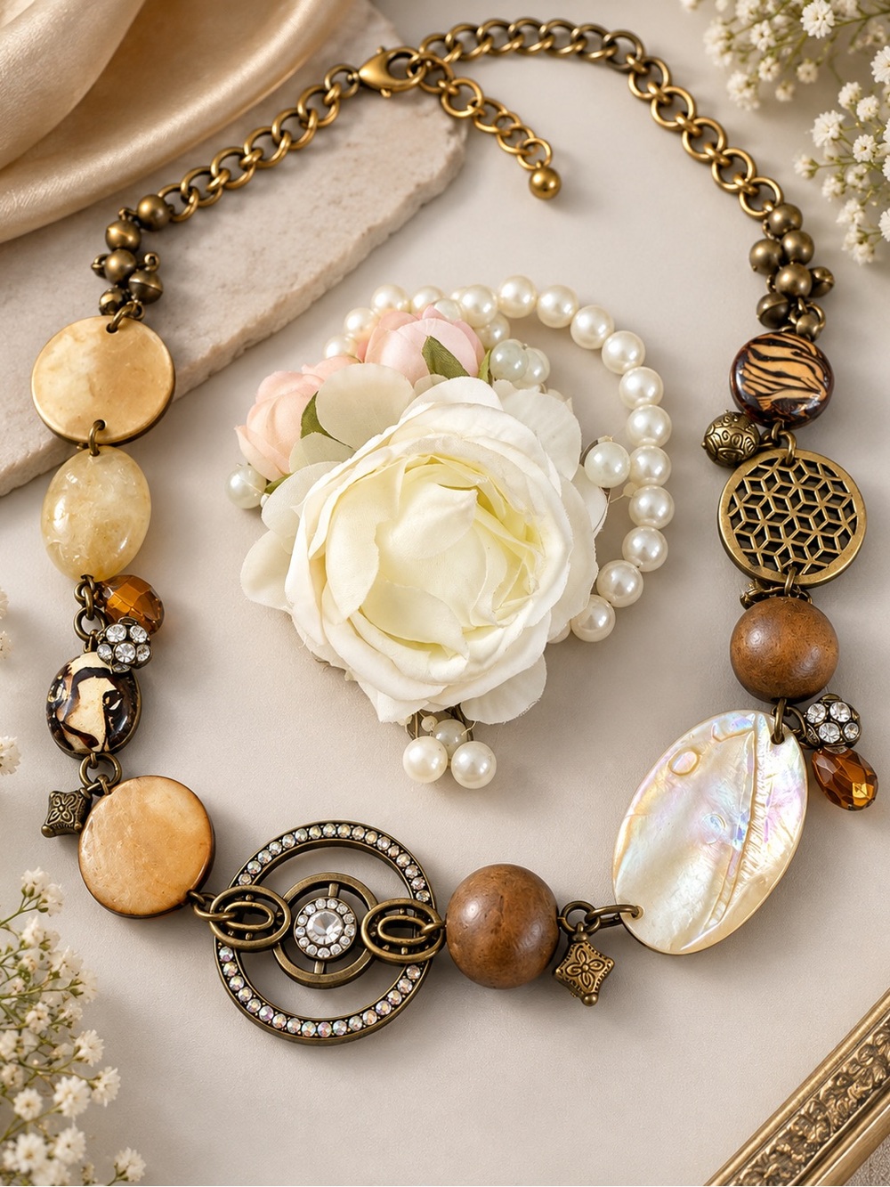 Elegant Multi-Tone Statement Necklace - Pearl, Gold & Brown Accent